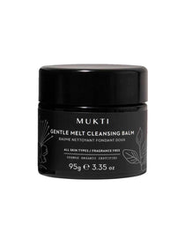A black jar of Mukti Gentle Melt Cleansing Balm 95g features floral illustrations, is fragrance-free, Cosmos Organic certified, suitable for all skin types, and serves as an organic cleanser.