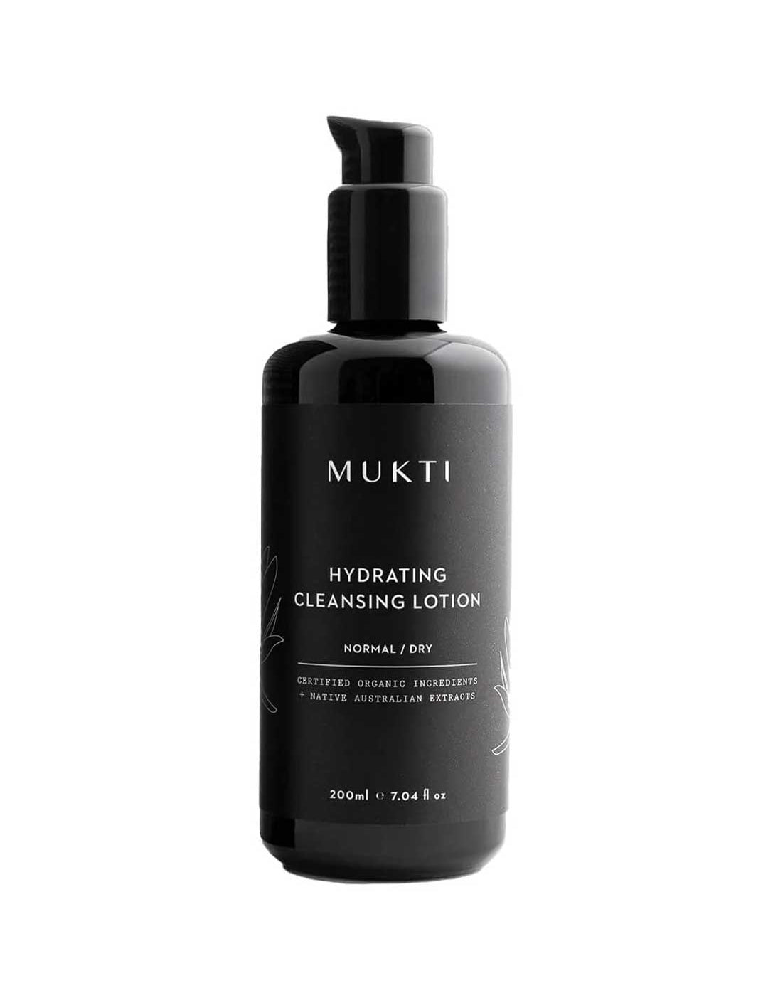 A black pump bottle of Mukti Hydrating Cleansing Lotion 200ml, an organic cream cleanser for normal/dry skin with native Australian botanicals and certified organic ingredients, stands upright against a white background.