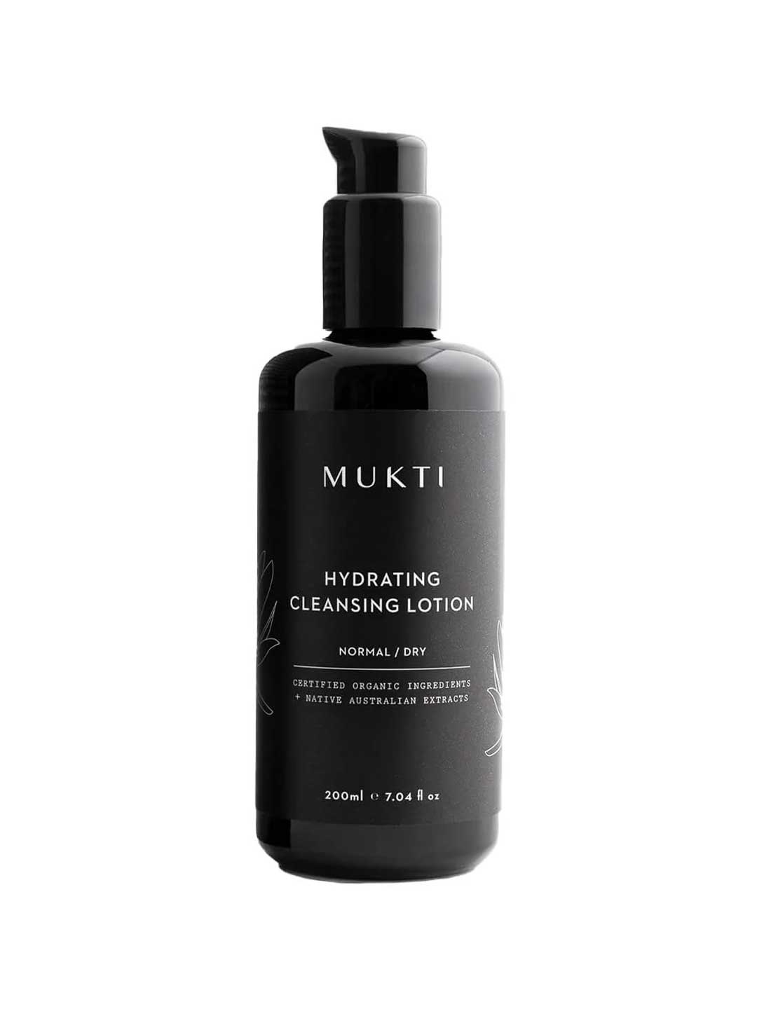 A black pump bottle of Mukti Hydrating Cleansing Lotion 200ml, an organic cream cleanser for normal/dry skin with native Australian botanicals and certified organic ingredients, stands upright against a white background.