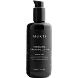 A black pump bottle of Mukti Hydrating Cleansing Lotion 200ml, an organic cream cleanser for normal/dry skin with native Australian botanicals and certified organic ingredients, stands upright against a white background.