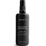 A black spray bottle labeled Mukti Rose Blossom Hydrating Mist 100ml for normal/dry skin features certified organic and native Australian extracts, presented in a minimalist design.