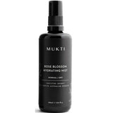 A black spray bottle labeled Mukti Rose Blossom Hydrating Mist 100ml for normal/dry skin features certified organic and native Australian extracts, presented in a minimalist design.