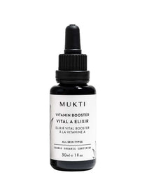 A black dropper bottle labeled Mukti Vitamin A Elixir 30ml, an organic COSMOS-certified vitamin A serum for all skin types, in minimalist white and black packaging.