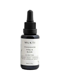 A black dropper bottle labeled Mukti Vitamin B Elixir 30ml, a hydrating niacinamide serum for all skin types, including sensitive, made with certified organic ingredients and native Australian extracts.