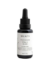 A dark glass dropper bottle labeled Mukti Vitamin C Elixir 30ml features certified organic ingredients and native Australian extracts. This Vitamin C serum provides antioxidant protection and suits all skin types.