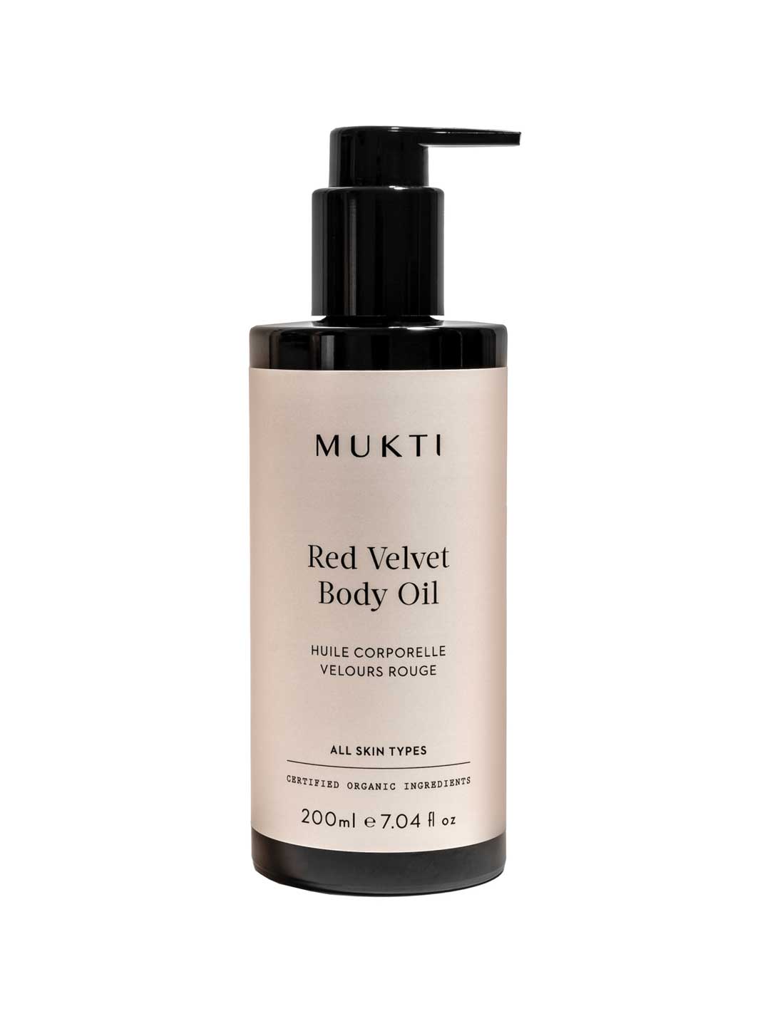 Mukti Red Velvet Body Oil bottle on a white background