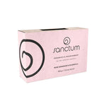 A pink rectangular box of Sanctum Rose Geranium & Calendula Soap 100g features black text and a swirl design, highlighting this natural, soothing organic bar for nourishment by Sanctum.