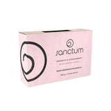 A pink rectangular box of Sanctum Rose Geranium & Calendula Soap 100g features black text and a swirl design, highlighting this natural, soothing organic bar for nourishment by Sanctum.