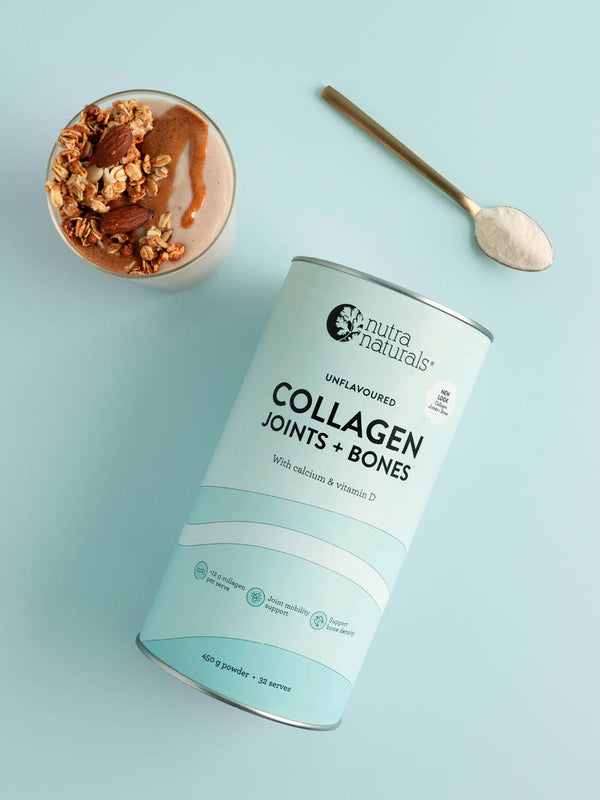 Nutra Naturals Collagen Joints and Bones 450g with spoon and muffin