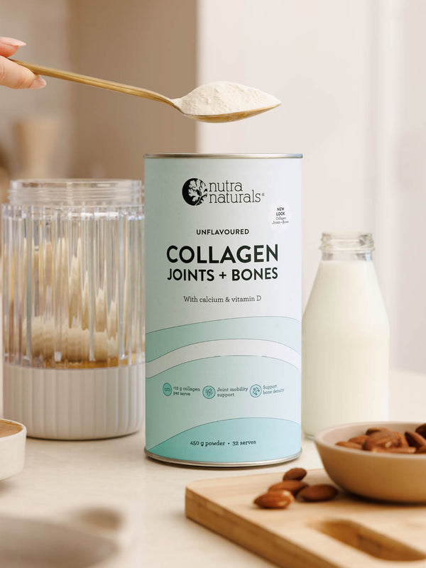 Nutra Naturals Collagen Joints and Bones with glass of milk