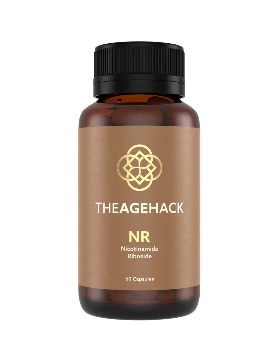 An amber glass supplement bottle with a black ribbed cap and a tan label. The label features a gold geometric logo and the brand name 'THEAGEHACK' with 'NR Nicotinamide Riboside' and '60 Capsules' printed below.