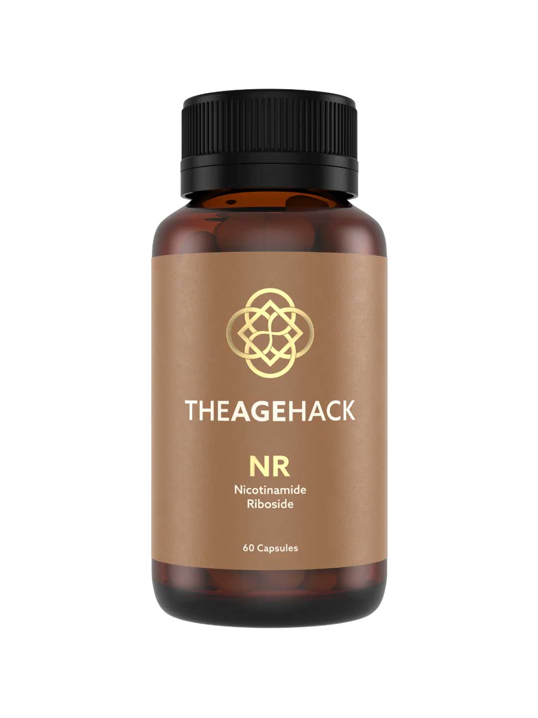 An amber glass supplement bottle with a black ribbed cap and a tan label. The label features a gold geometric logo and the brand name 'THEAGEHACK' with 'NR Nicotinamide Riboside' and '60 Capsules' printed below.