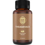 An amber glass supplement bottle with a black ribbed cap and a tan label. The label features a gold geometric logo and the brand name 'THEAGEHACK' with 'NR Nicotinamide Riboside' and '60 Capsules' printed below.