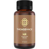 An amber glass supplement bottle with a black ribbed cap and a tan label. The label features a gold geometric logo and the brand name 'THEAGEHACK' with 'NR Nicotinamide Riboside' and '60 Capsules' printed below.