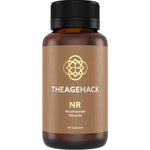 An amber glass supplement bottle with a black ribbed cap and a tan label. The label features a gold geometric logo and the brand name 'THEAGEHACK' with 'NR Nicotinamide Riboside' and '60 Capsules' printed below.
