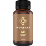 An amber glass supplement bottle with a black ribbed cap and a tan label. The label features a gold geometric logo and the brand name 'THEAGEHACK' with 'NR Nicotinamide Riboside' and '60 Capsules' printed below.