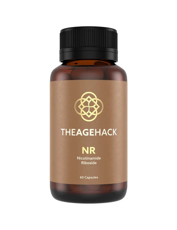An amber glass supplement bottle with a black ribbed cap and a tan label. The label features a gold geometric logo and the brand name 'THEAGEHACK' with 'NR Nicotinamide Riboside' and '60 Capsules' printed below.