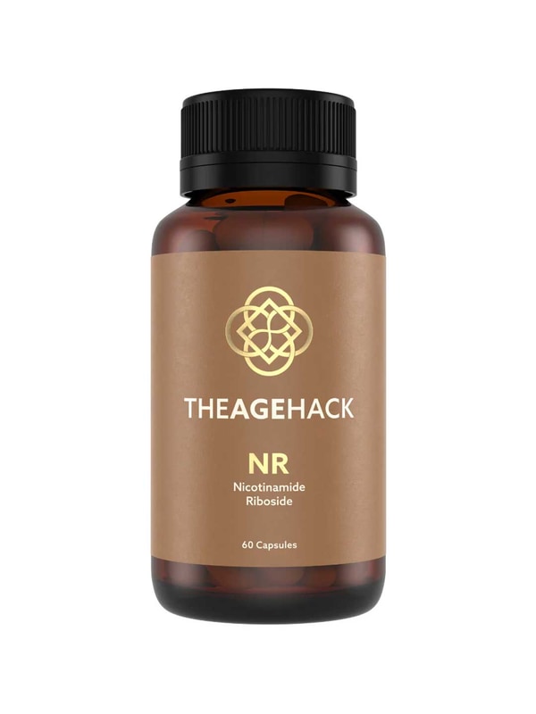 An amber glass supplement bottle with a black ribbed cap and a tan label. The label features a gold geometric logo and the brand name 'THEAGEHACK' with 'NR Nicotinamide Riboside' and '60 Capsules' printed below.