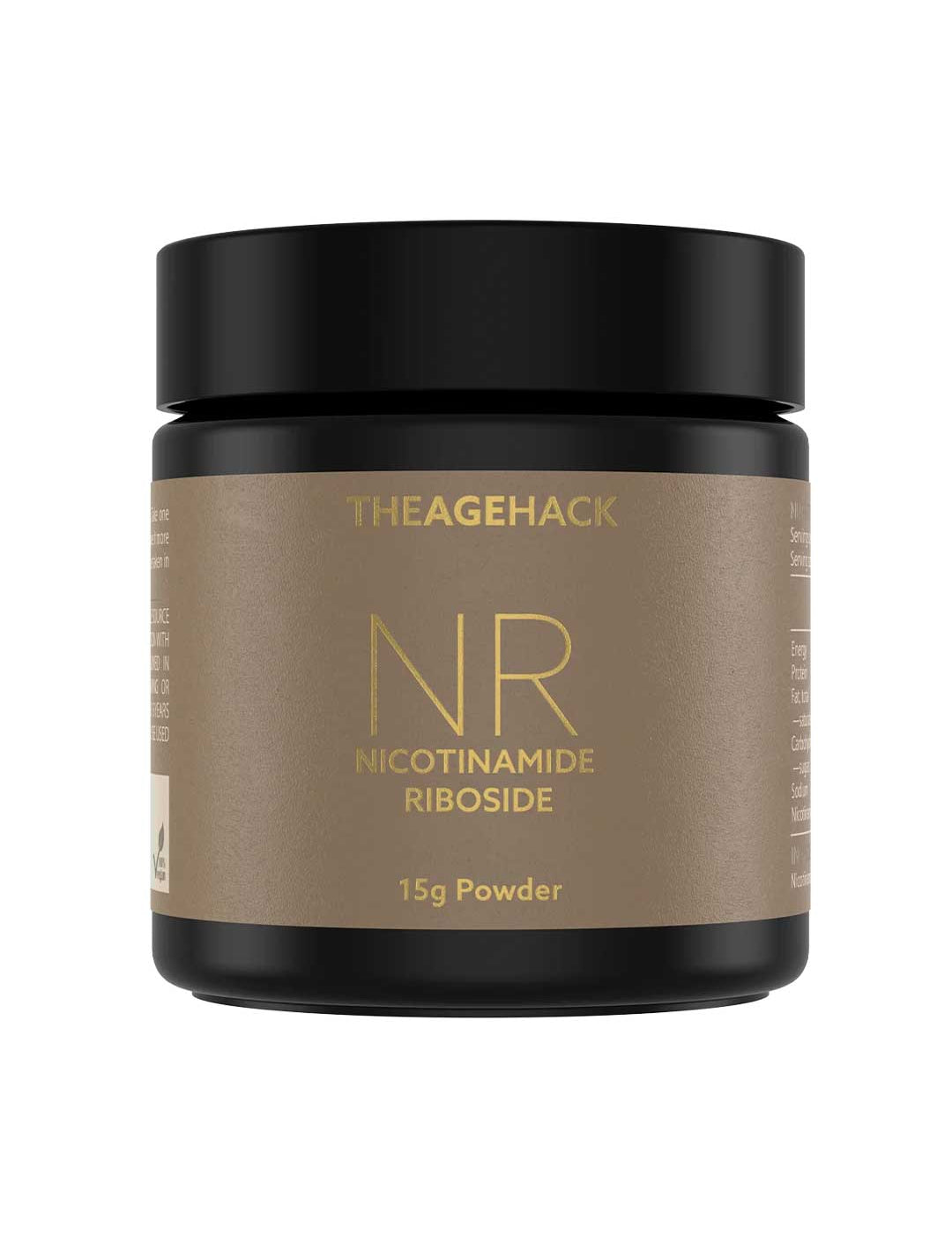 A black jar of The Age Hack Nicotinamide Riboside 15g powder with a metallic gold label, shown against a plain white background.