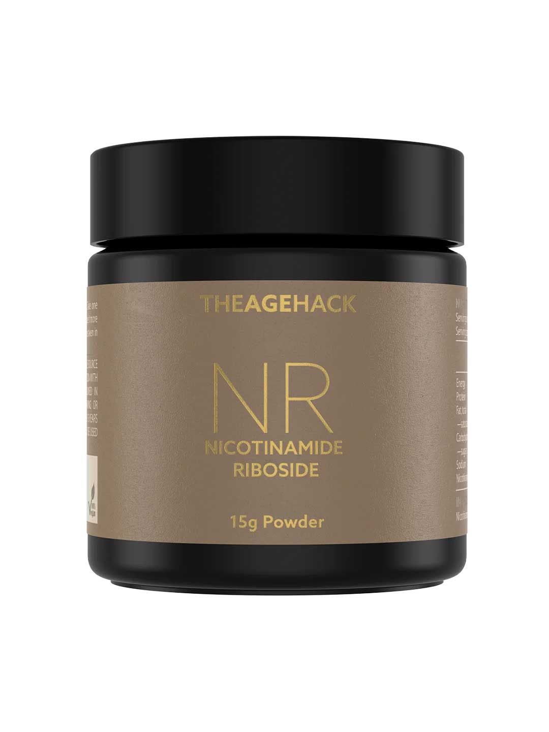A black jar of The Age Hack Nicotinamide Riboside 15g powder with a metallic gold label, shown against a plain white background.