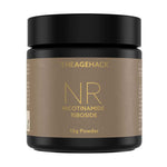 A black jar of The Age Hack Nicotinamide Riboside 15g powder with a metallic gold label, shown against a plain white background.