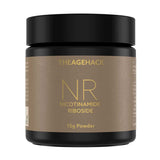 A black jar of The Age Hack Nicotinamide Riboside 15g powder with a metallic gold label, shown against a plain white background.