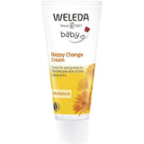 A white tube of Weleda Baby Calendula Nappy Change Cream with yellow accents and calendula flowers, designed to care for and protect delicate skin in the nappy area.