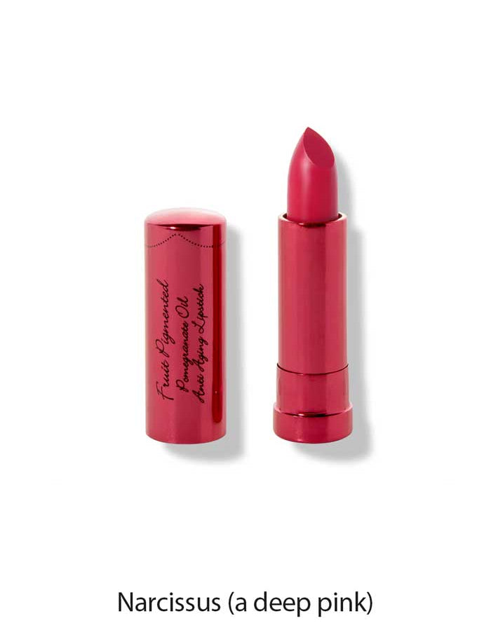 A tube of 100% Pure Pomegranate Oil Moisturising Lipstick 4.5g in deep pink, labeled Narcissus, with the cap off and beside it. The shiny pink packaging features vertical text, offering a bold, moisturising lipstick look.