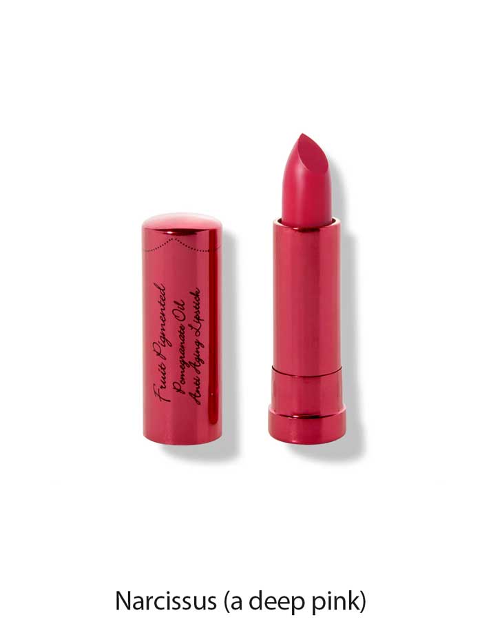 A tube of 100% Pure Pomegranate Oil Moisturising Lipstick 4.5g in deep pink, labeled Narcissus, with the cap off and beside it. The shiny pink packaging features vertical text, offering a bold, moisturising lipstick look.