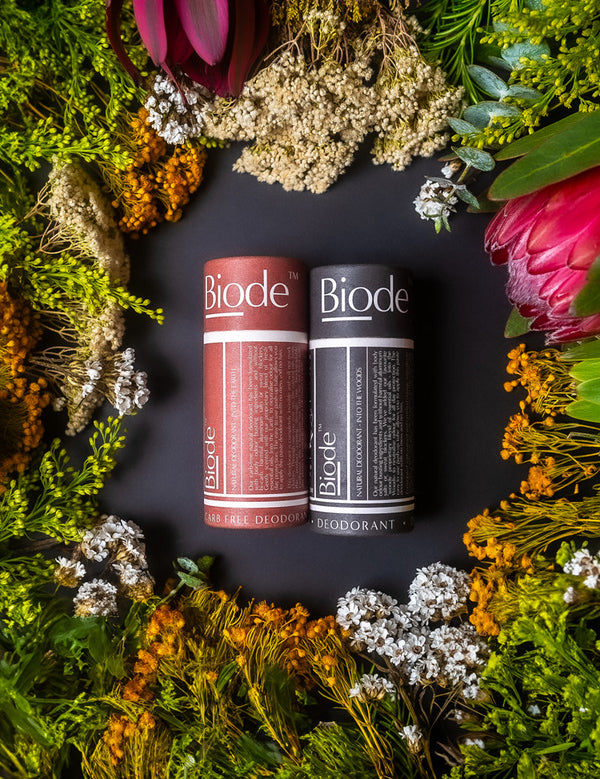Biode natural deodorants styled with native flowers