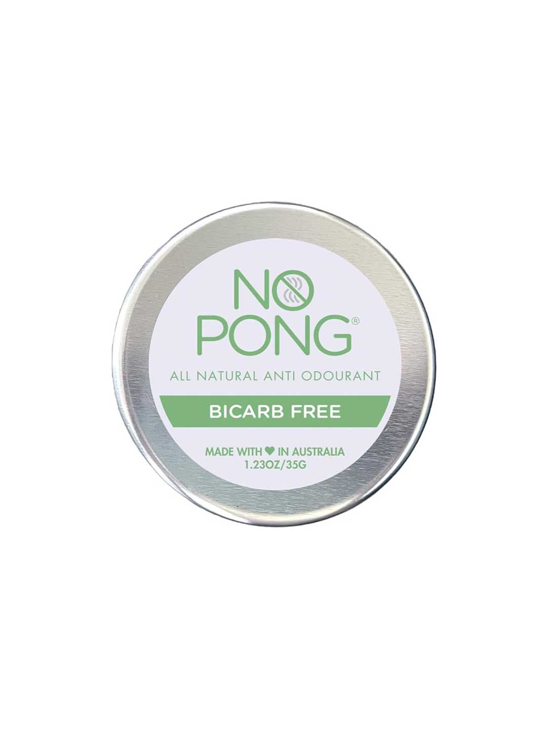 A round metal tin labeled No Pong All-Natural Anti-Odourant - Bi Carb Free 35g, showing "Made with love in Australia" and "1.23oz/35g," on a white background.