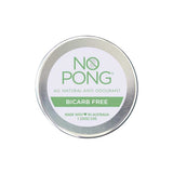 A round metal tin labeled No Pong All-Natural Anti-Odourant - Bi Carb Free 35g, showing "Made with love in Australia" and "1.23oz/35g," on a white background.