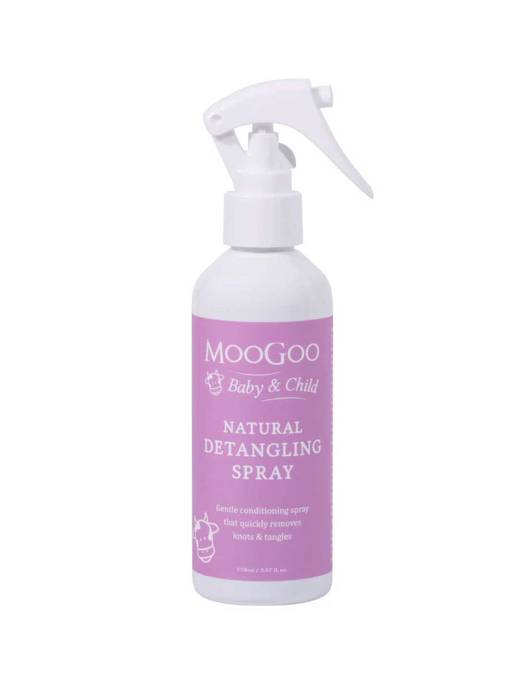 A white spray bottle of MooGoo Natural Detangling Spray 150ml, this kid-friendly hair product gently conditions and removes knots and tangles without silicone.