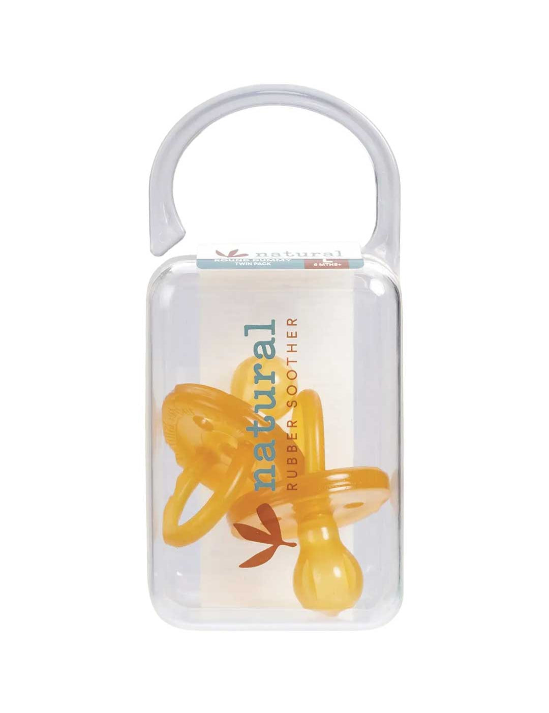 A clear plastic case with a curved handle holds two yellow Natural Rubber Soother Twin Pack Large Rounded 6 mths+ pacifiers. The label reads "natural rubber soother.