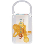 A clear plastic case with a curved handle holds two yellow Natural Rubber Soother Twin Pack Large Rounded 6 mths+ pacifiers. The label reads "natural rubber soother.