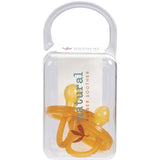A clear plastic case holds two orange Natural Rubber Soother Twin Pack Medium Rounded 3-6 mths pacifiers, with "natural RUBBER SOOTHER" printed in teal and orange on the front.