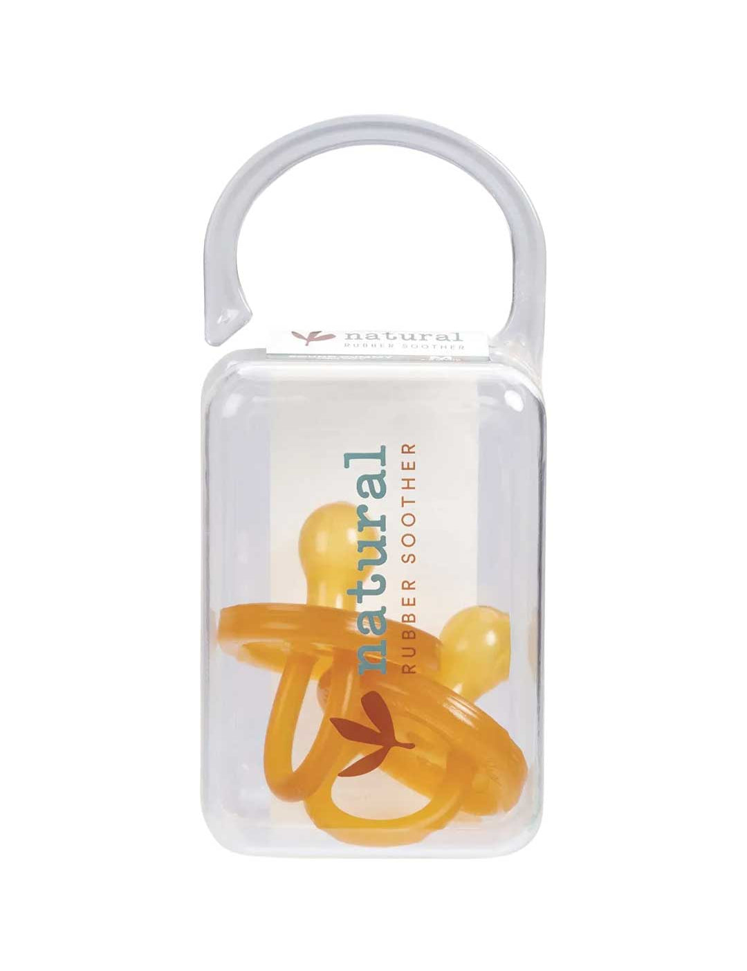 A clear plastic case holds two orange Natural Rubber Soother Twin Pack Medium Rounded 3-6 mths pacifiers, with "natural RUBBER SOOTHER" printed in teal and orange on the front.