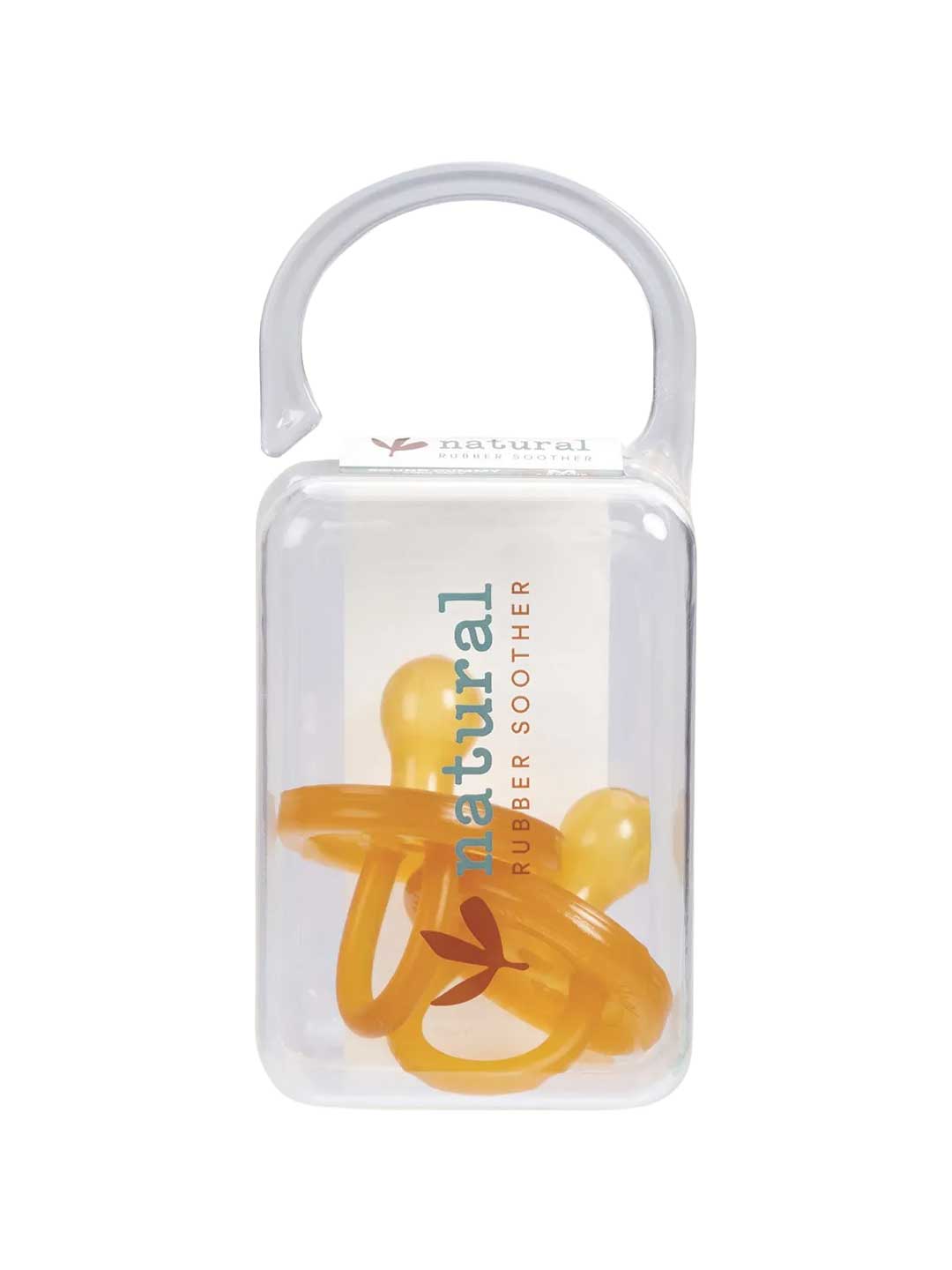 A clear plastic case holds two orange Natural Rubber Soother Twin Pack Medium Rounded 3-6 mths pacifiers, with "natural RUBBER SOOTHER" printed in teal and orange on the front.
