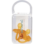 A clear plastic case holds two orange Natural Rubber Soother Twin Pack Medium Rounded 3-6 mths pacifiers, with "natural RUBBER SOOTHER" printed in teal and orange on the front.