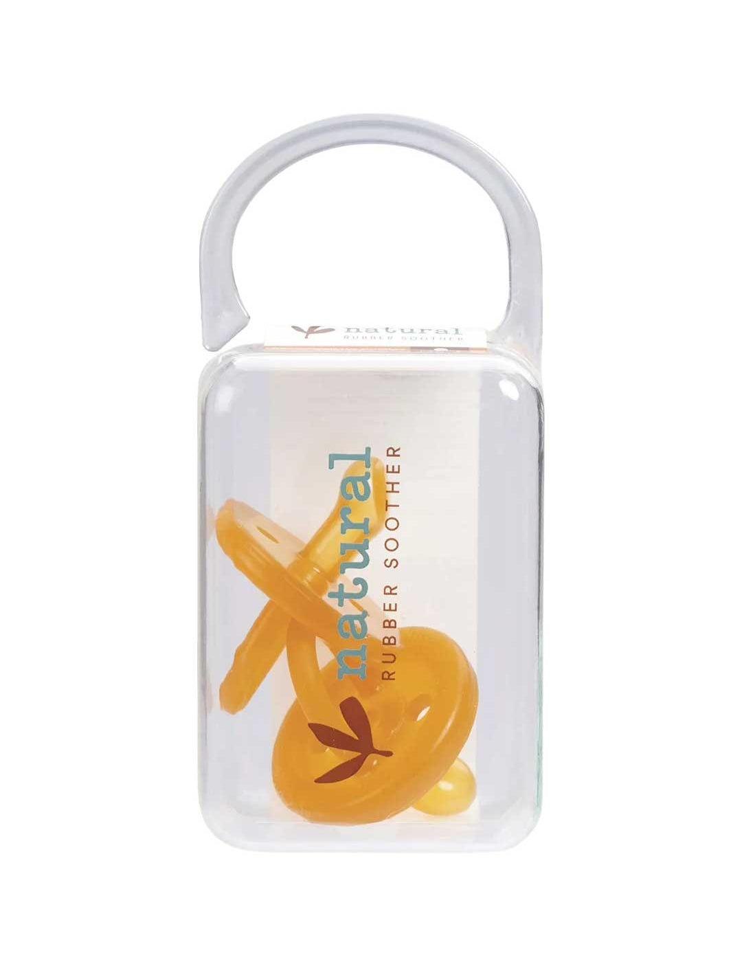 Natural Rubber Soother Twin Pack Small Orthodontic 0–6 months with two natural rubber dummies in a reusable clear case on a white background