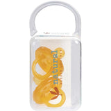 A clear plastic box with a handle contains two yellow Natural Rubber Soother Twin Pack Small Rounded 0-3 mths. The front displays “natural rubber soother” in colorful text.