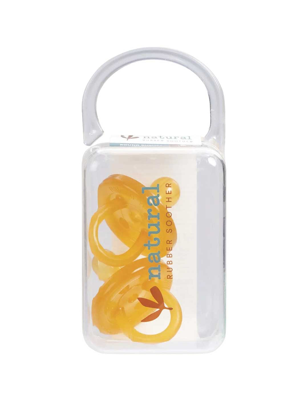 A clear plastic box with a handle contains two yellow Natural Rubber Soother Twin Pack Small Rounded 0-3 mths. The front displays “natural rubber soother” in colorful text.