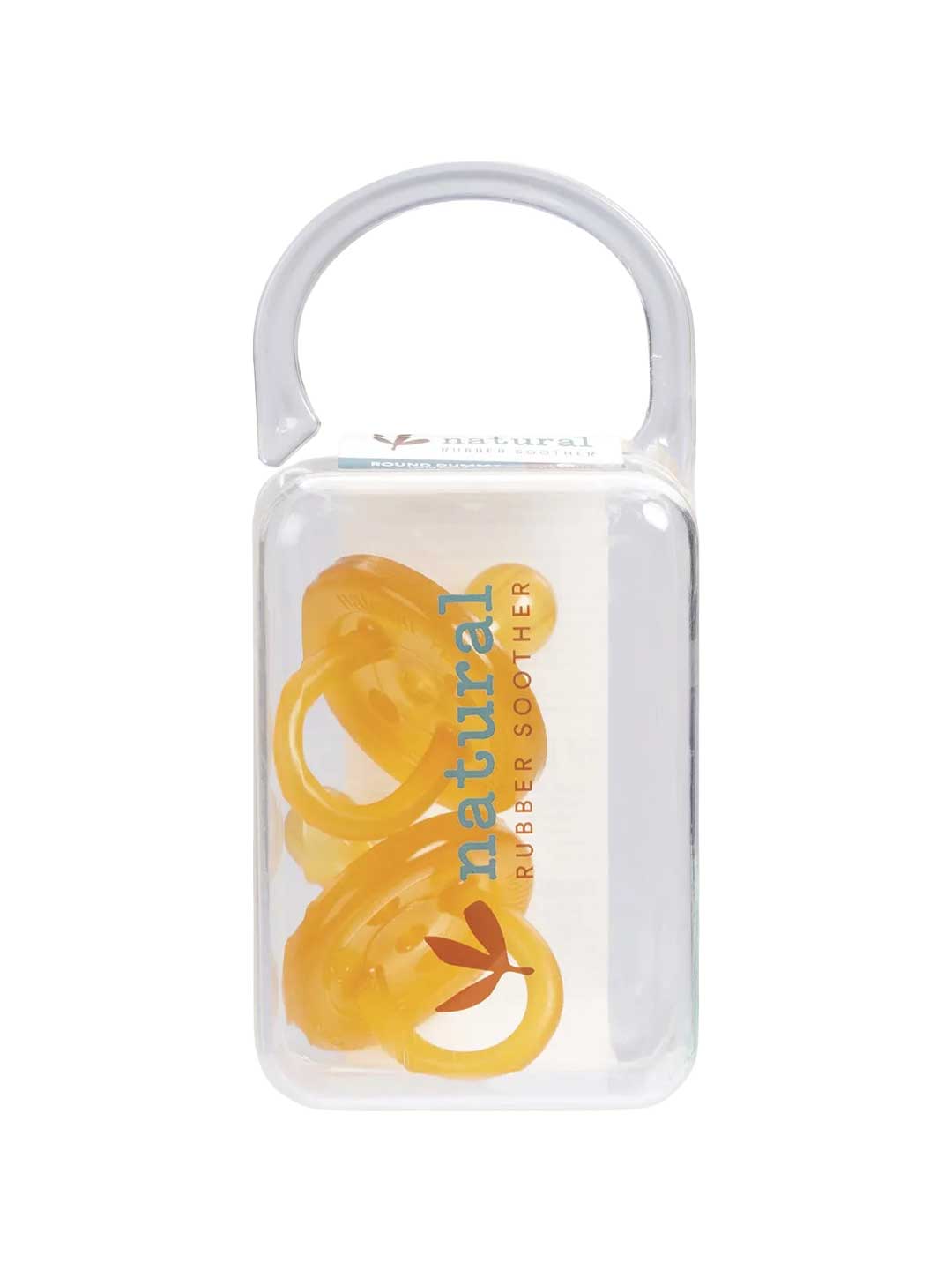 A clear plastic box with a handle contains two yellow Natural Rubber Soother Twin Pack Small Rounded 0-3 mths. The front displays “natural rubber soother” in colorful text.