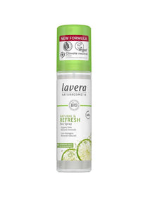 A bottle of Lavera Deodorant Spray - Natural & Refresh 75ml with a green cap features the label “New Formula,” vegan, climate neutral, and images of lime slices and mint leaves.