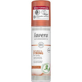 A 75ml bottle of Lavera Deodorant Spray - Natural & Strong, vegan and aluminium free, with labels for climate neutral and new formula. Features organic ginseng and natural minerals for 48-hour freshness.