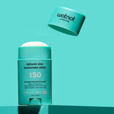 Open Wotnot Natural Zinc Sunscreen Stick SPF 50 on turquoise background