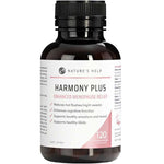 A black-lidded bottle of Nature's Help Harmony Plus Enhanced Menopause Relief 120 Caps, highlighting support for menopause relief, reduced hot flushes, and improved women’s health, mood, libido, and cognitive function.