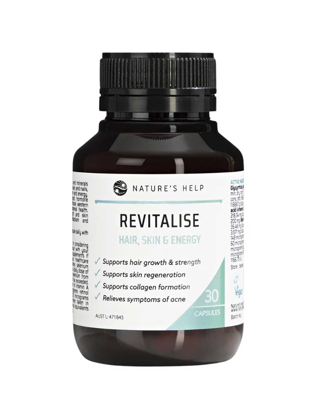 Nature's Help Revitalise - Hair, Skin & Energy 30 caps provides vegan vitamins to support hair growth, skin regeneration, collagen production, energy, and acne symptom relief.