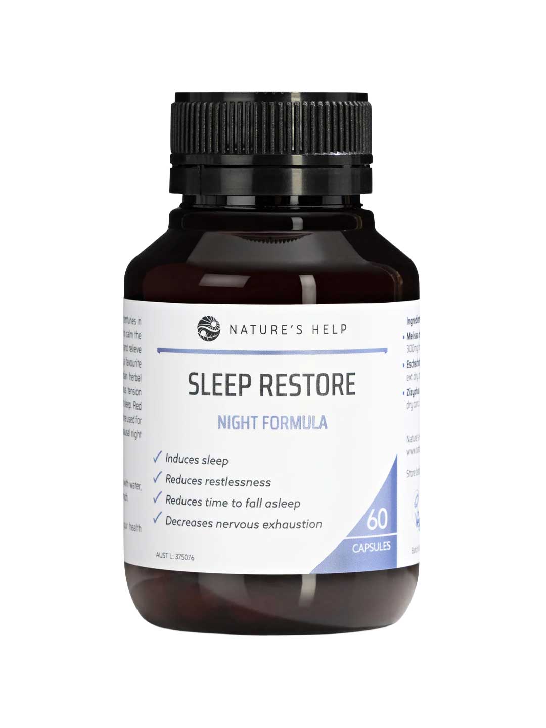 A brown plastic bottle labeled Nature's Help Sleep Restore Night Formula 60 caps, a women’s sleep supplement that helps induce sleep, reduce restlessness, and provide natural nightly sleep support.