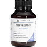 A brown plastic bottle labeled Nature's Help Sleep Restore Night Formula 60 caps, a women’s sleep supplement that helps induce sleep, reduce restlessness, and provide natural nightly sleep support.